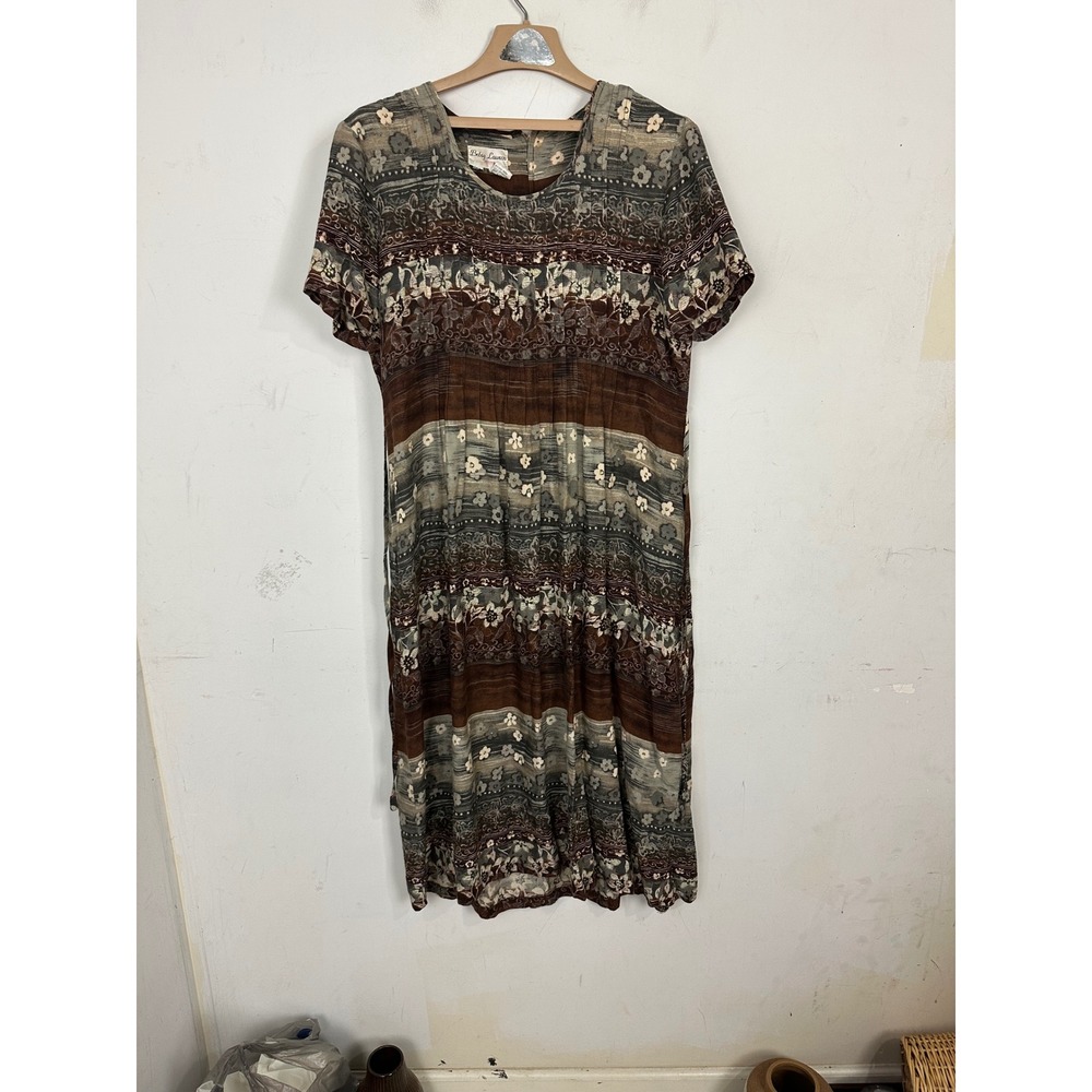 Betsy Lauren Petites Vintage Floral Maxi Dress Brown Grey Rayon Size 12P 910713